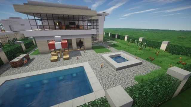 Escenario en Minecraft, diseño de una casa con piscina realizada en el modo creativo de este videojuego. (Foto: Pixabay)